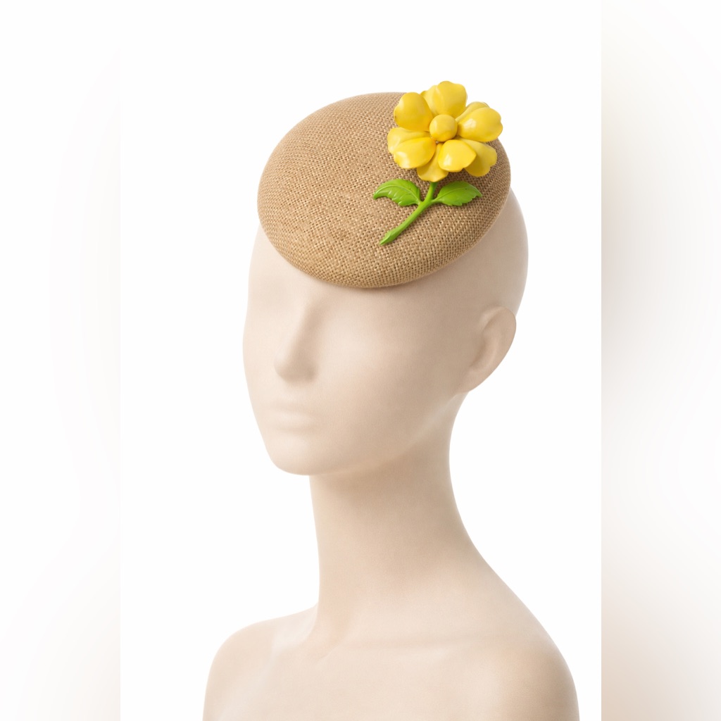 Beige Sinamay Fascinator Hat W Vintage Enamel Flower Pin Kentucky Derby Easter